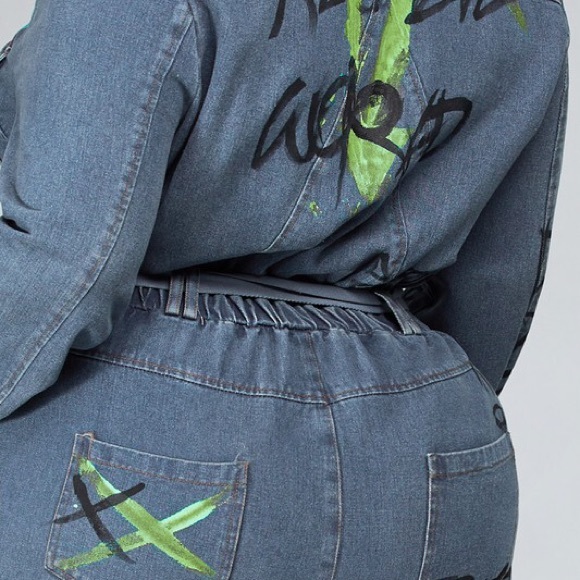 (Thick Denim) Lettered Art Denim Jumpsuit - Picture 7 of 7